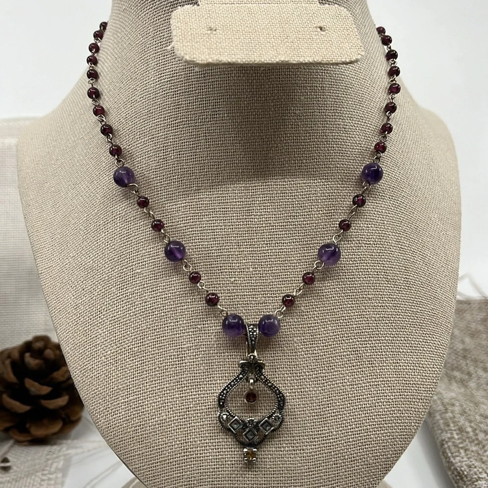 Vintage ✨ Sterling Silver Beaded Adjustable Necklace with Marcasite Pendant 💎 - Picture 4 of 14